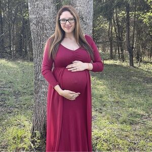 Red Ruched Scoop Neck Long Sleeve maternity gown